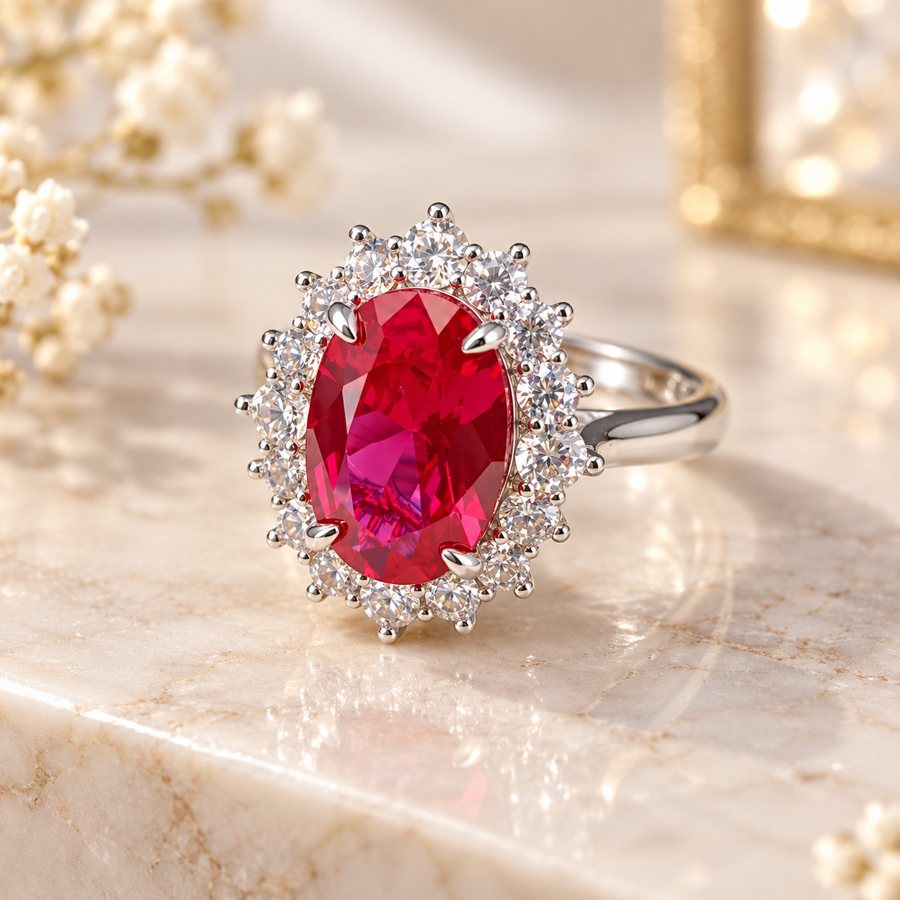 Lab-created gemstone ring, studio photograph
