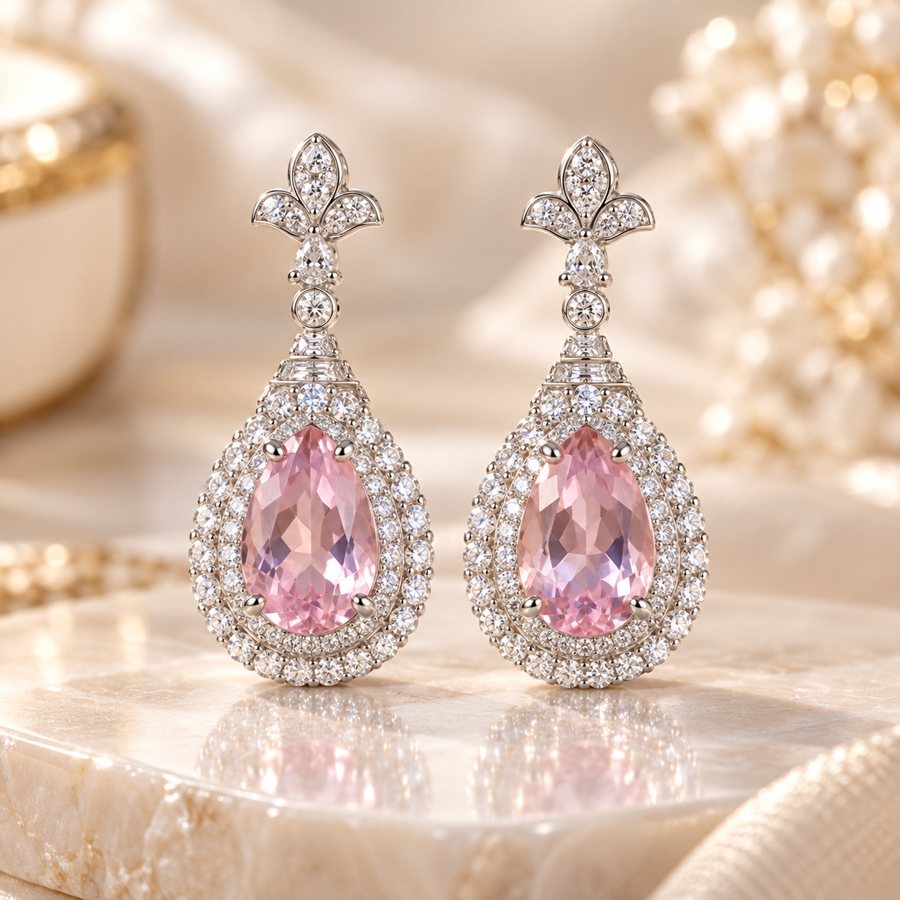 Lab-created gemstone earrings, studio photograph
